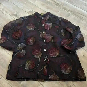 Mirasol Silk Blend Floral Textured Button Down Blouse Shirt Sz L